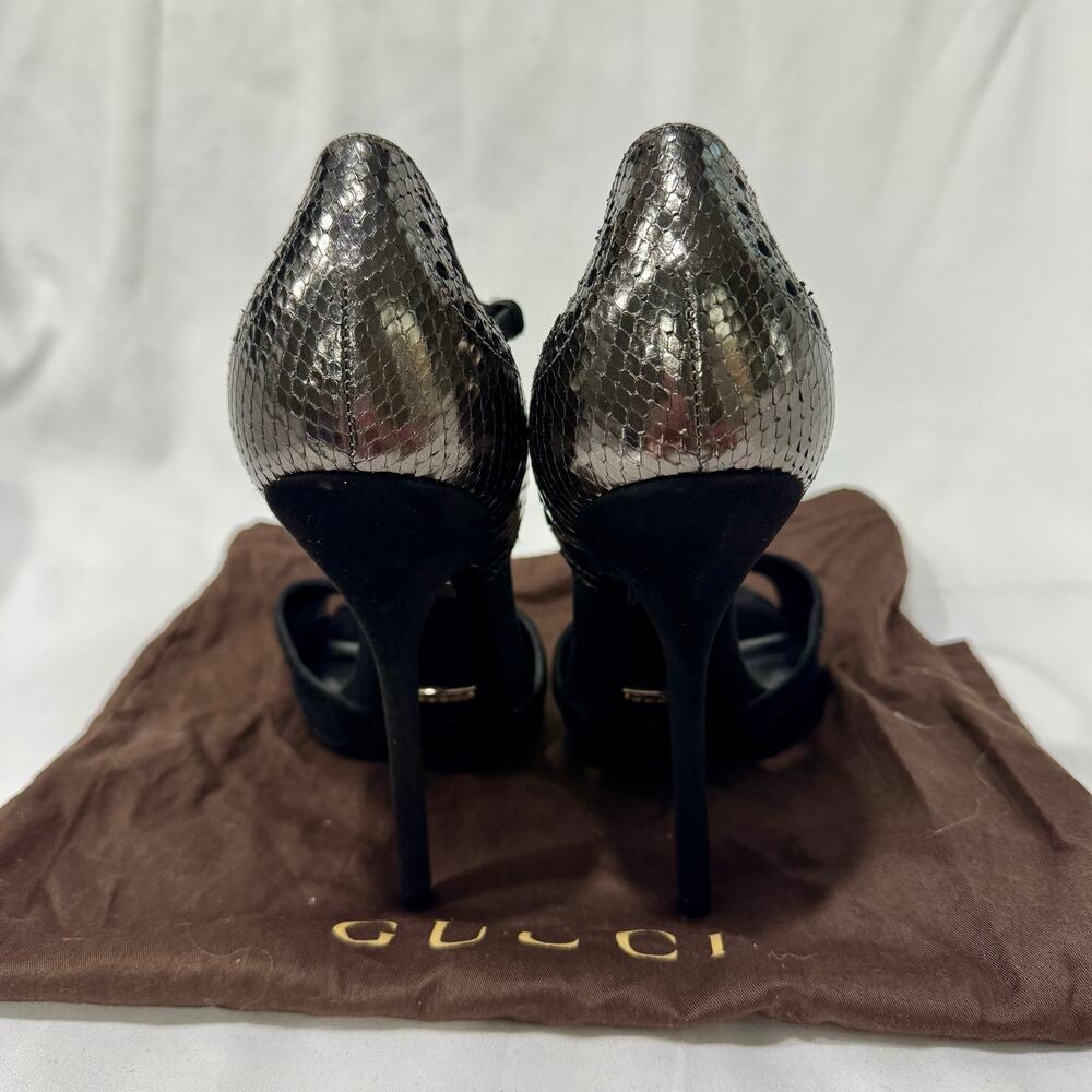 Gucci Black Suede Metallic Python Brogue Ankle Strap Heels 39 - Picture 4 of 10